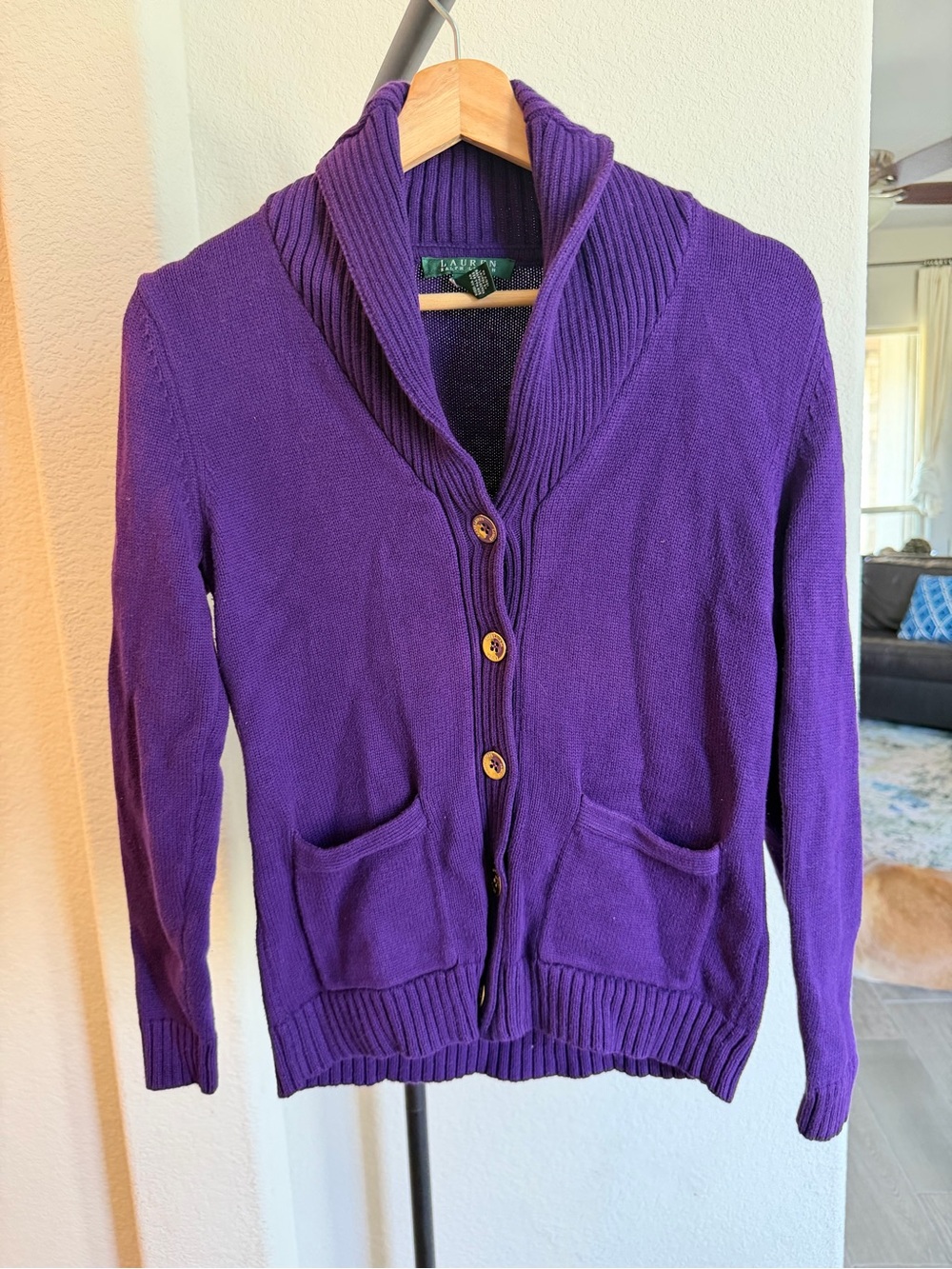 Lauren Ralph Lauren Purple Shawl-Collar Button Cardigan Preppy S MSRP: $268